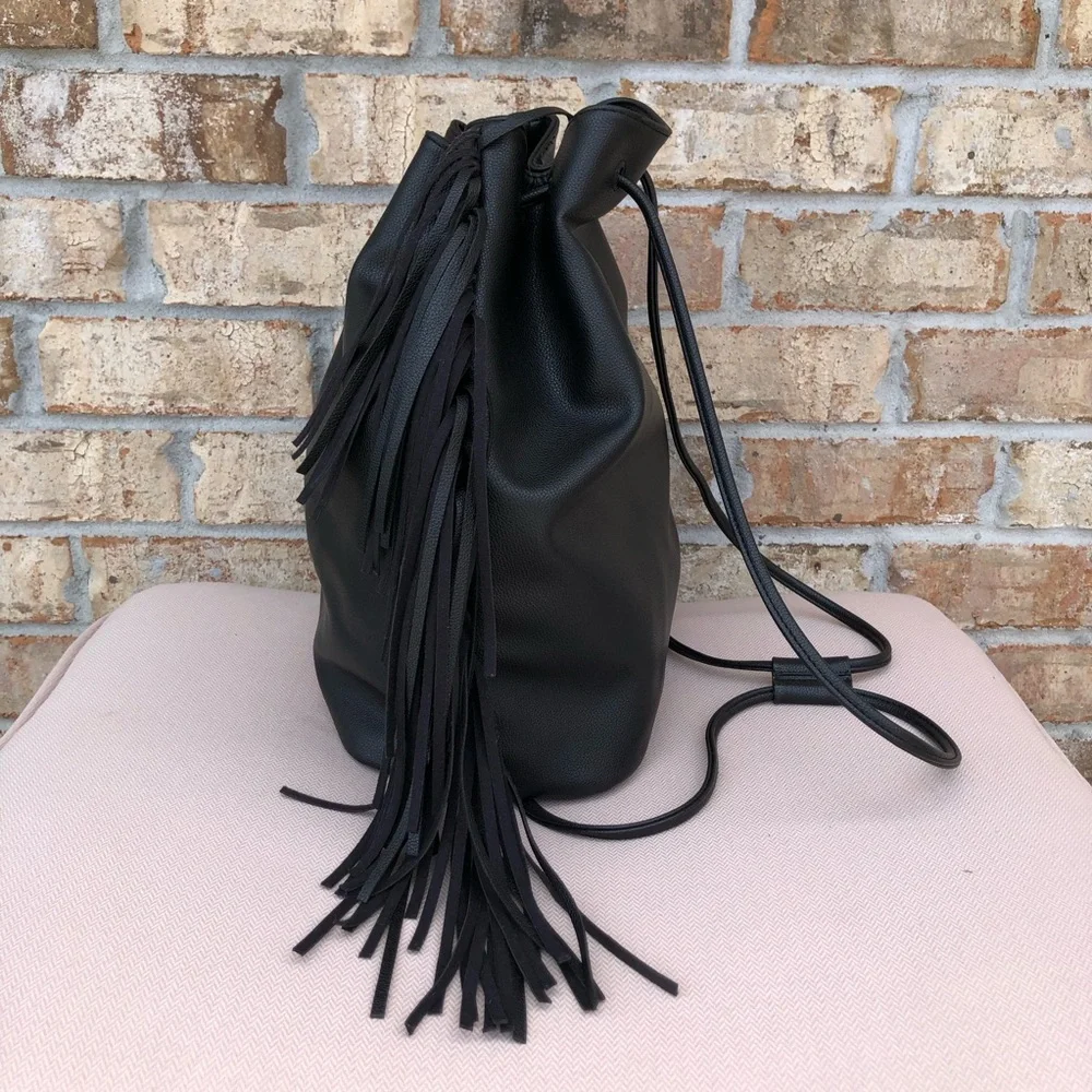 Victoria's Secret Black Fringe Drawstring Faux Leather Backpack